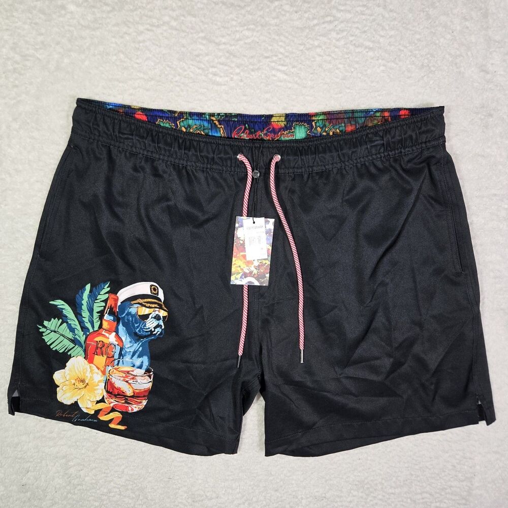 Robert Graham Swim Trunks Mens XL 5" Inseam Black Lined Shorts Captain Cocktail